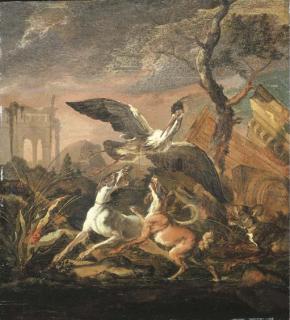 Abraham Danielsz. Hondius - An evening landscape with dogs flushing a heron among Italianate ruins