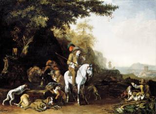 Abraham Danielsz. Hondius - An Extensive Landscape With A Hunting Party Resting By A Water Trough And A Sportsman Shooting