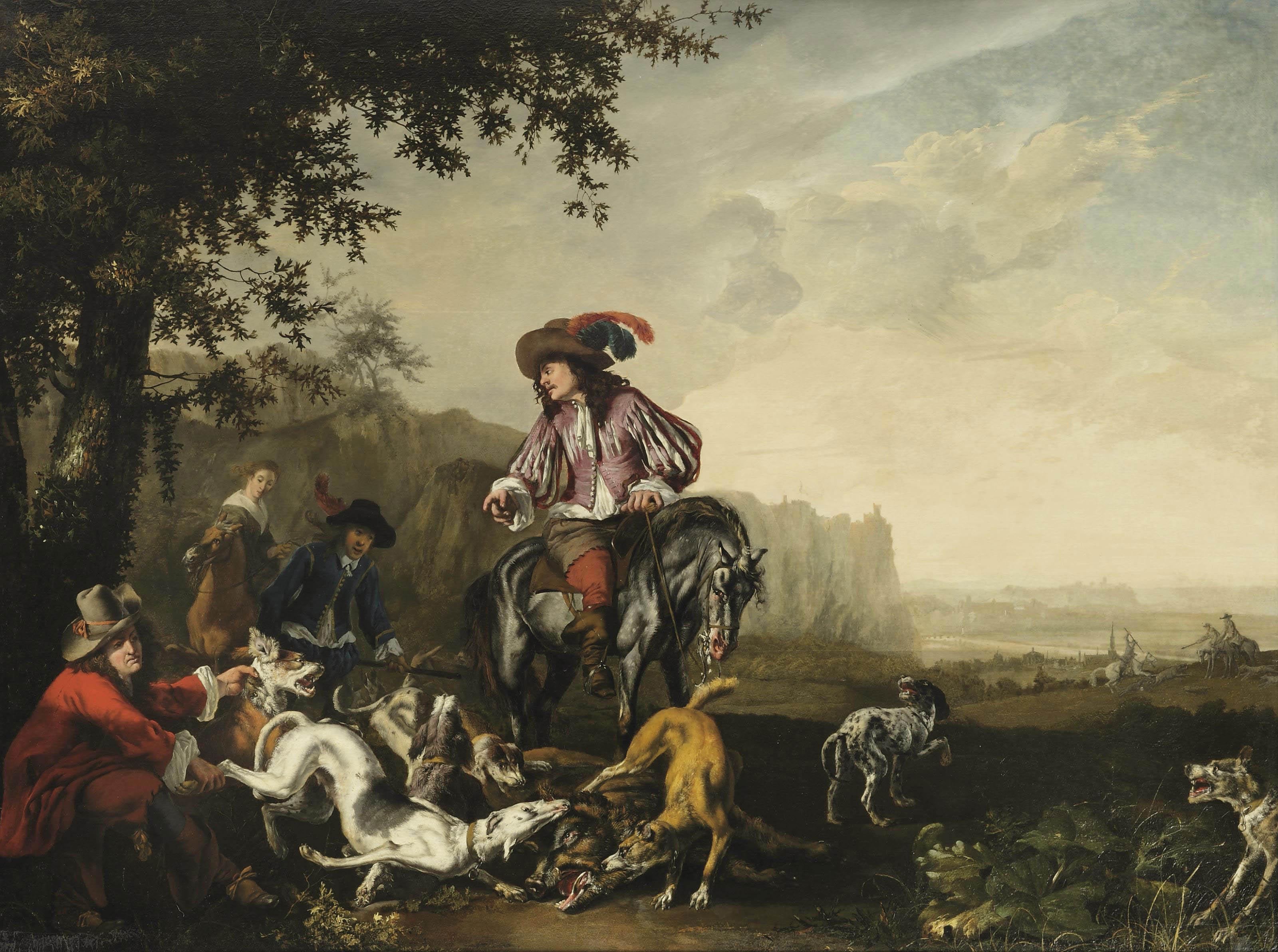 Abraham Daniëlsz. Hondius - An Italianate landscape with an elegant company on a hunt, dogs catching a wild boar in the foreground