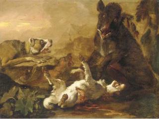 Abraham Danielsz. Hondius - Dogs attacking a boar in a landscape