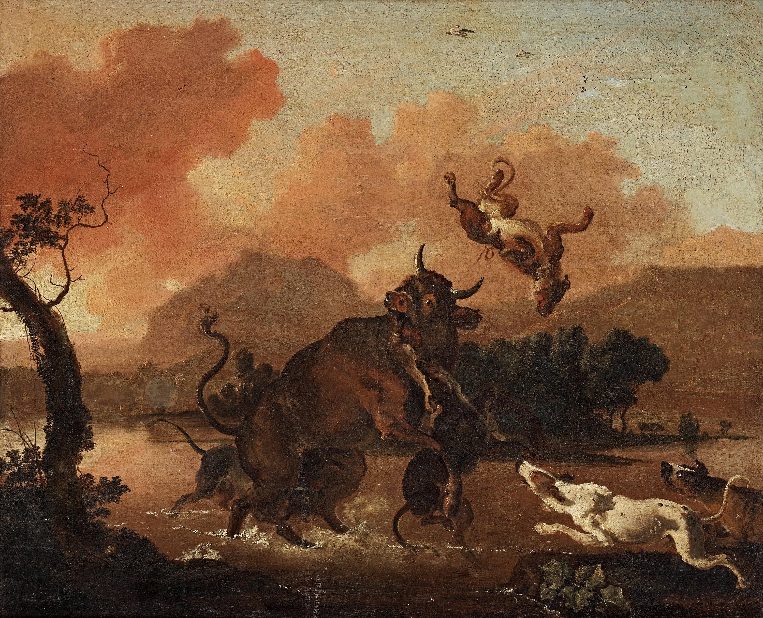 Abraham Danielsz. Hondius - Dogs attacking a bull