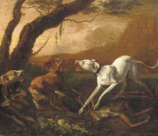 Abraham Danielsz. Hondius - Dogs fighting ovar a dead stag in a landscape