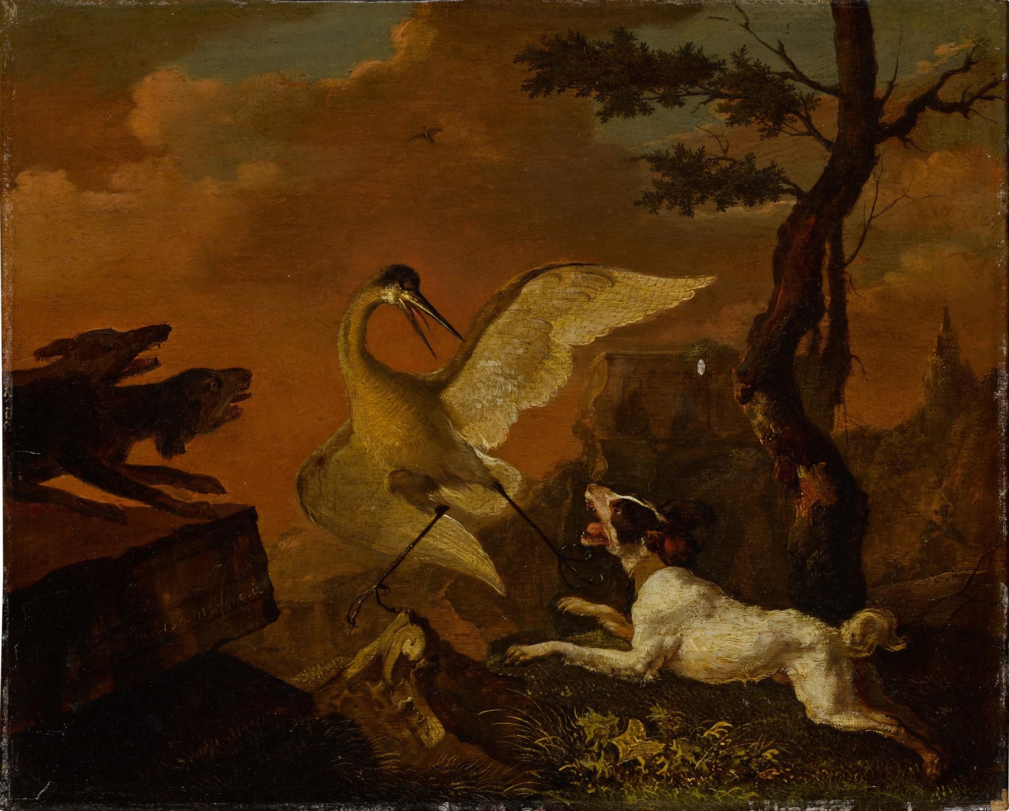 Abraham Danielsz. Hondius - Dogs hunting a heron