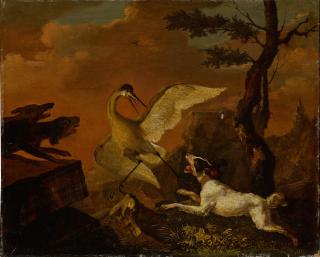 Abraham Danielsz. Hondius - Dogs hunting a heron