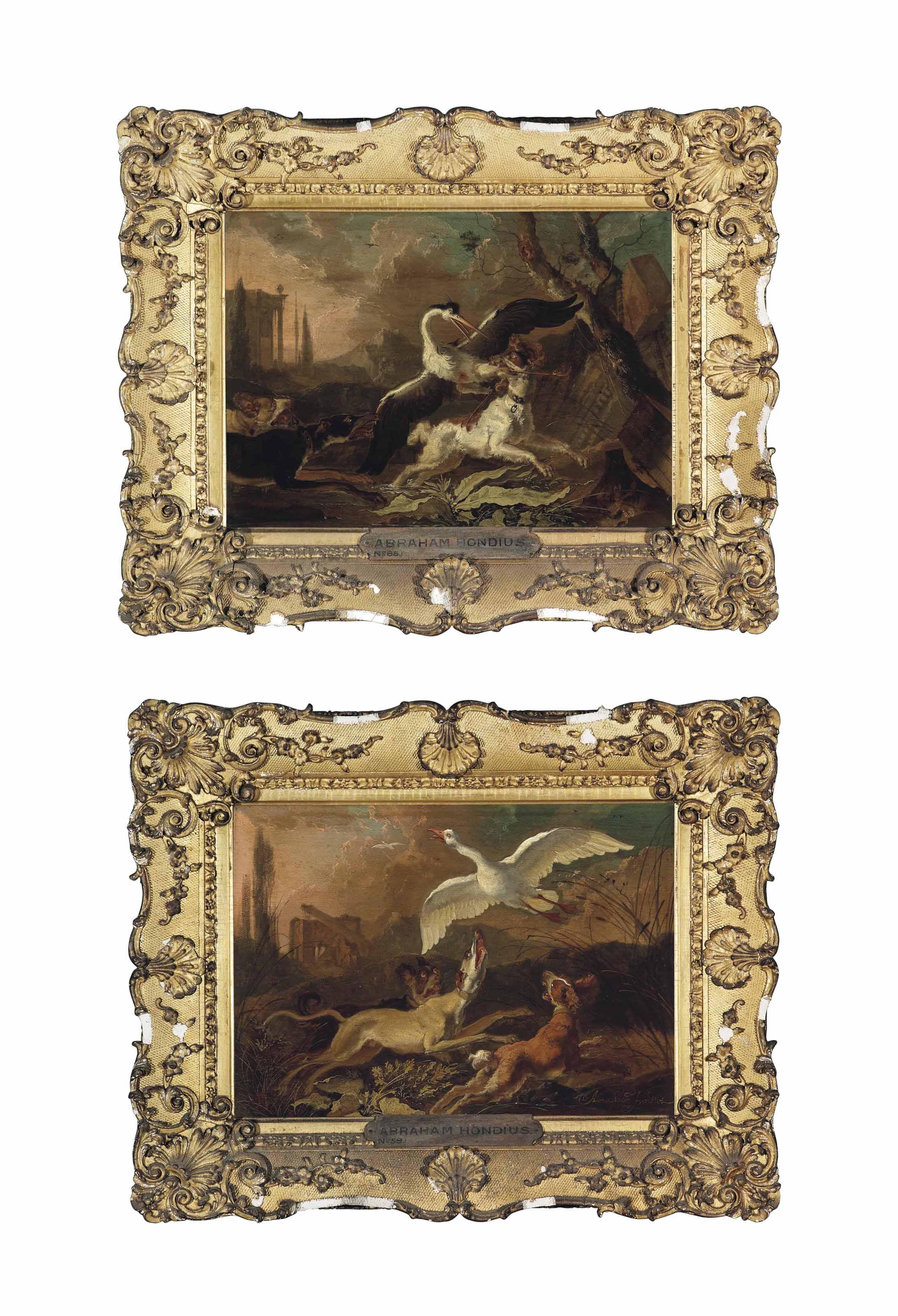 Abraham Danielsz. Hondius - Hounds attacking a heron in an Italianate landscape with classical ruins; and Hounds chasing a goose in an Italianate landscape with classical ruins