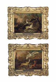 Abraham Danielsz. Hondius - Hounds attacking a heron in an Italianate landscape with classical ruins; and Hounds chasing a goose in an Italianate landscape with classical ruins