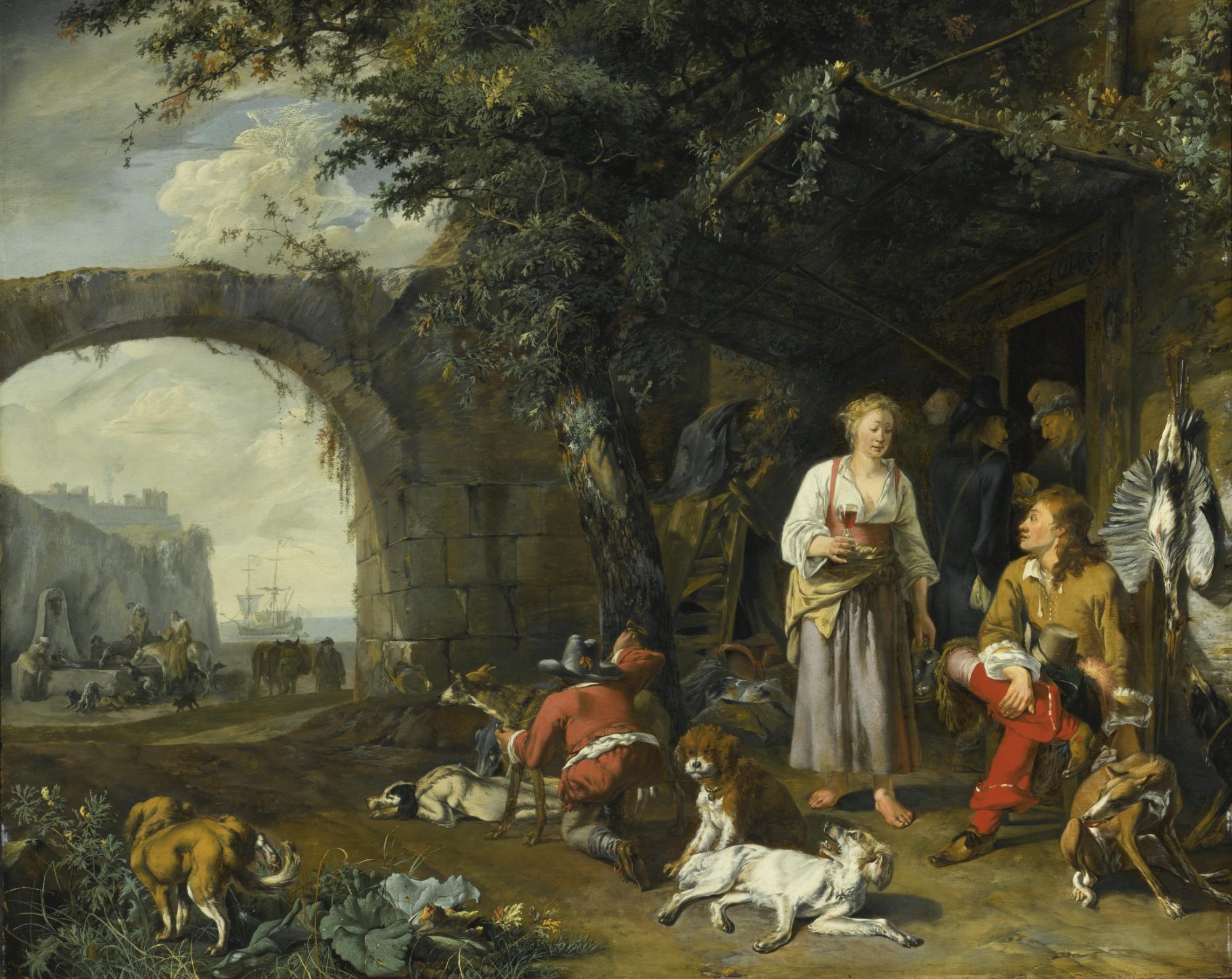 Abraham Danielsz. Hondius - Sportsman Offered Refreshment Outside An Inn While His Dogs Rest After The Hunt