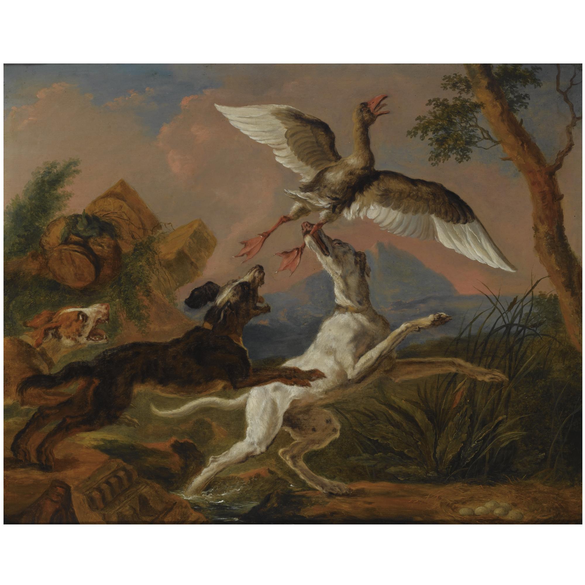 Abraham Danielsz. Hondius - Three Hounds Chasing A Nesting Wild Goose In A Hilly Landscape