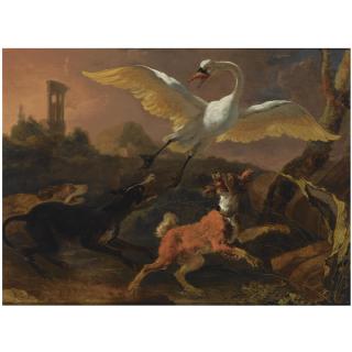 Abraham Danielsz. Hondius - Three Hounds Chasing A Swan In A Landscape, A View Of A Ruin Beyond