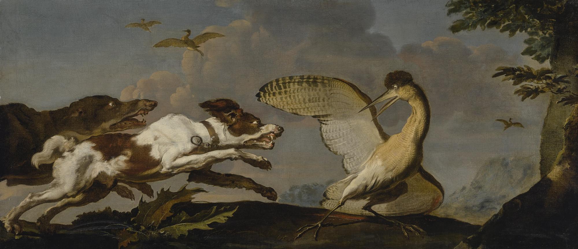 Abraham Danielsz. Hondius - Two Hounds Chasing A Wounded Bittern