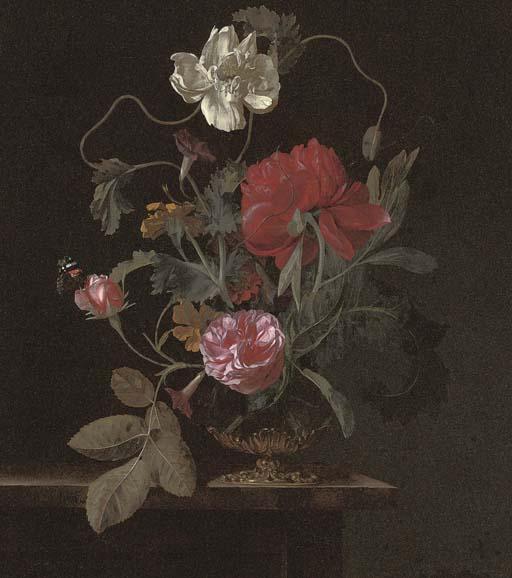 Abraham de Lust - Roses, poppies and convolvulus in an urn on a stone ledge, with a Red Admiral butterfly