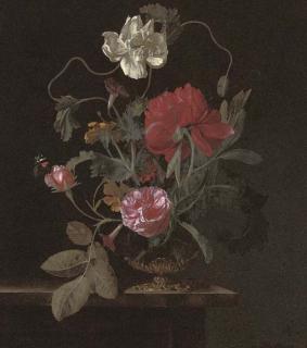 Abraham de Lust - Roses, poppies and convolvulus in an urn on a stone ledge, with a Red Admiral butterfly
