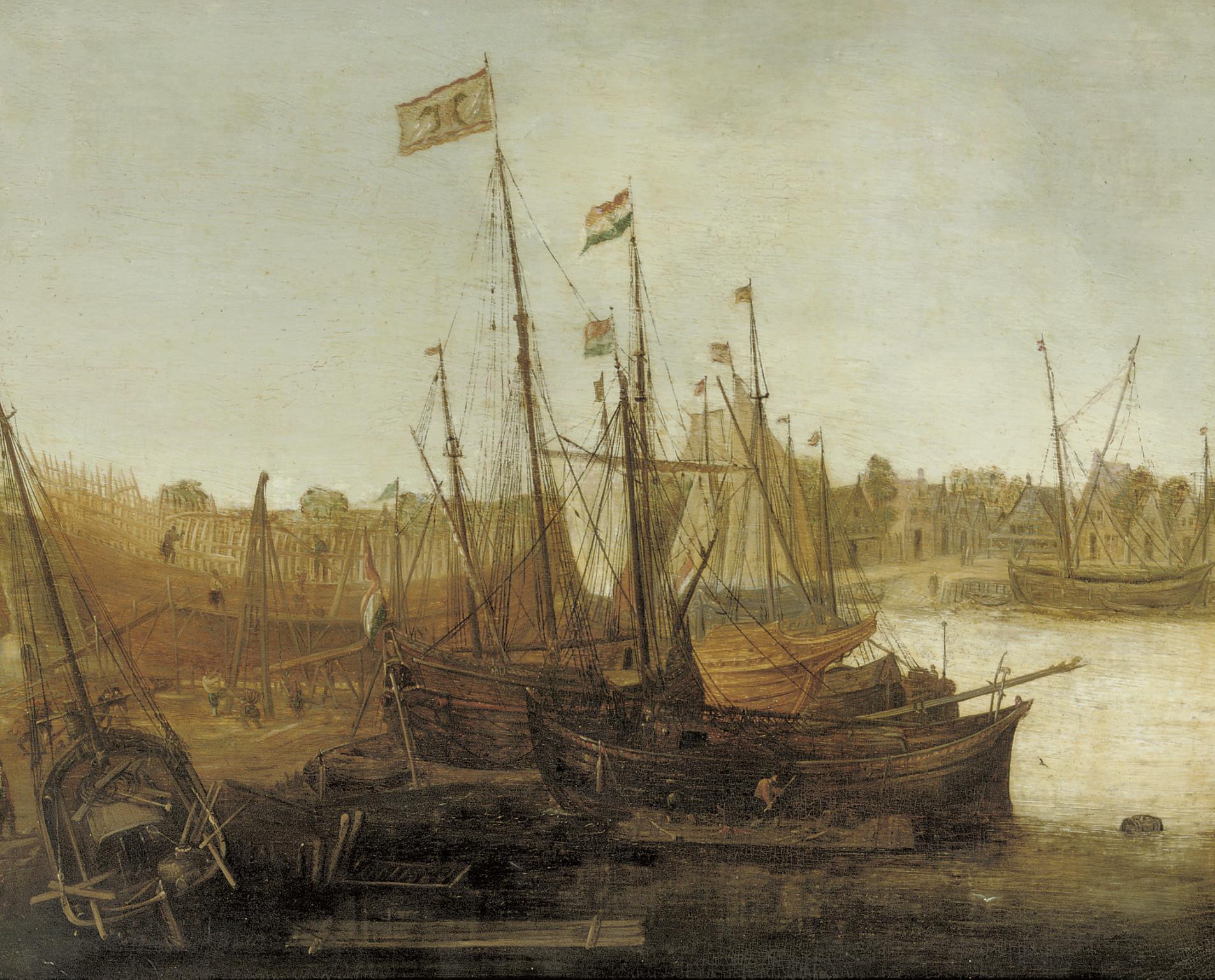 Abraham De Verwer - A shipyard with figures building and restoring sailing vessels