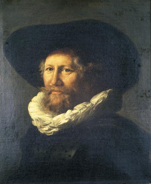 Abraham de Vries - Portrait of a gentleman, in a black hat and jacket with a white ruff collar