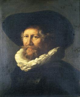 Abraham de Vries - Portrait of a gentleman, in a black hat and jacket with a white ruff collar