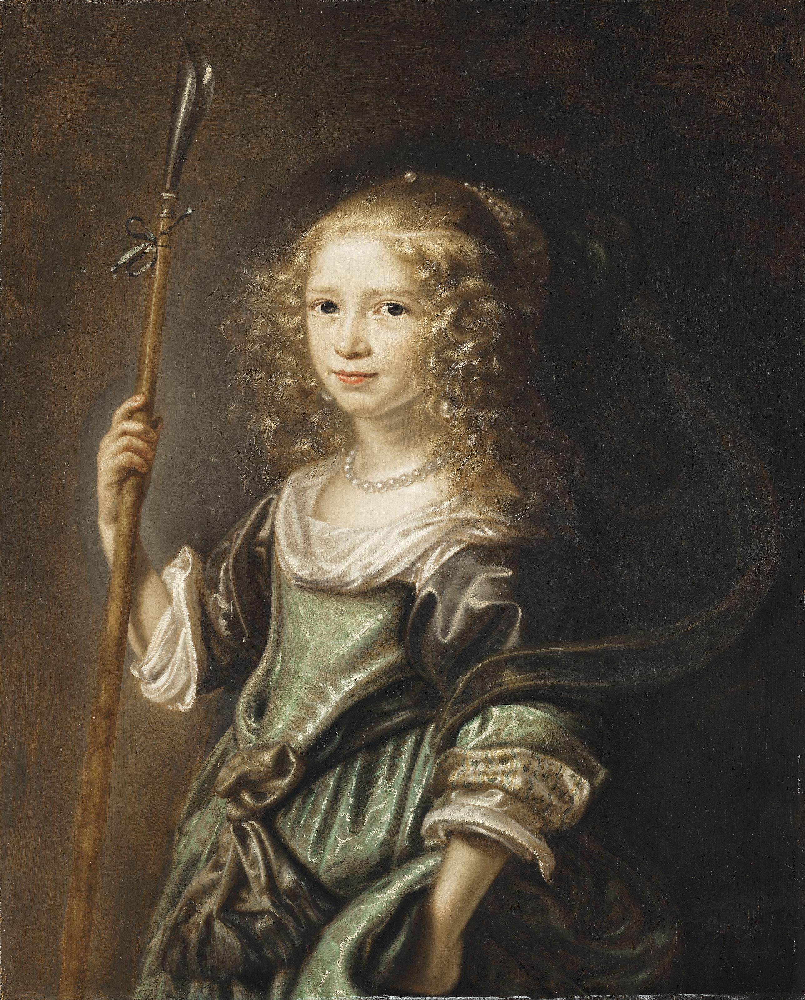 Abraham De Vries - Portrait of a young girl as a shepherdess, half-length, in a green gown, holding a crook