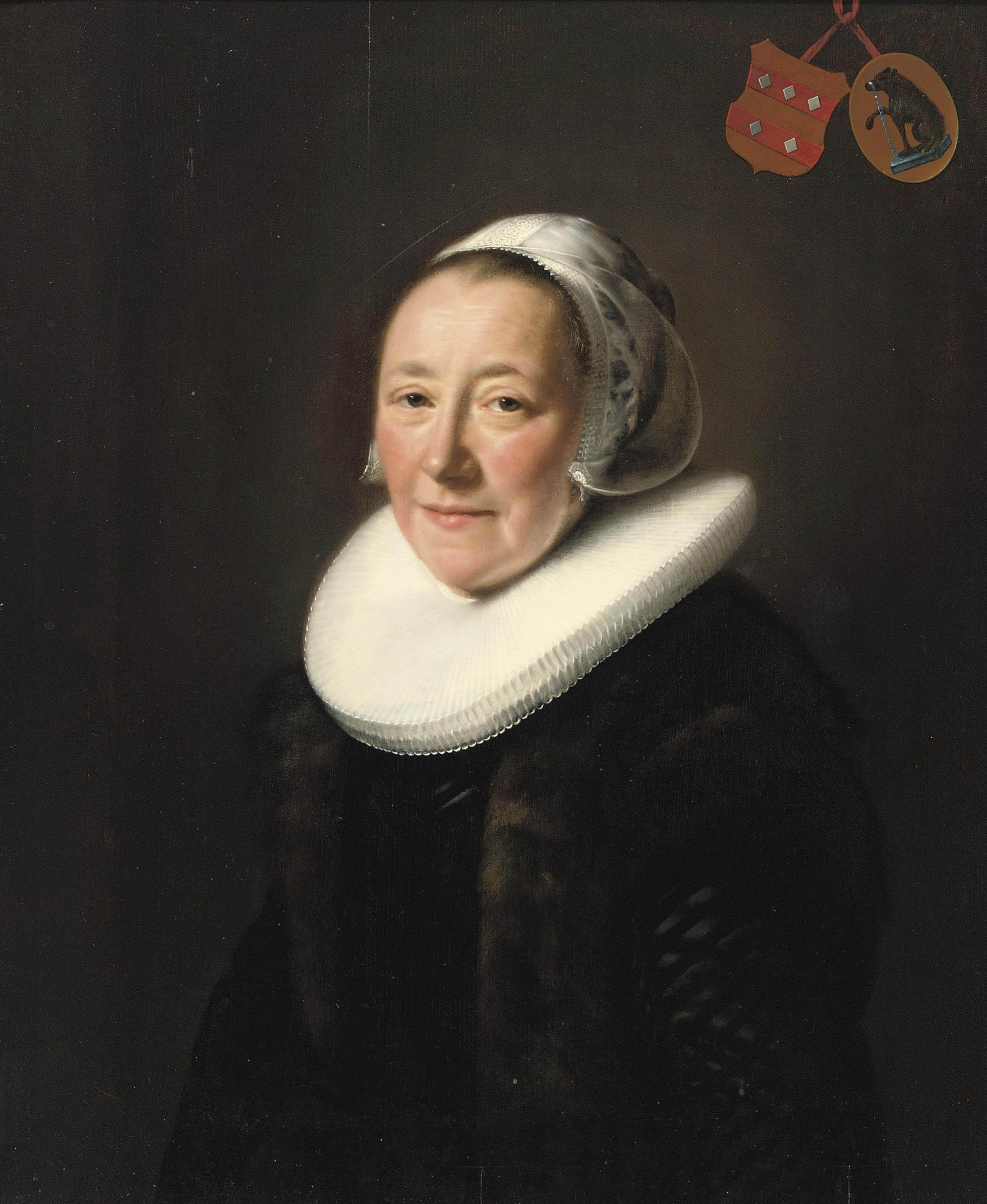 Abraham de Vries - Portrait of an elegant lady, half-lenght, said to be Erminia van Beresteyn (1544-1625), in a black dress with fur jacket, a \'molensteen kraag\' and white headdress