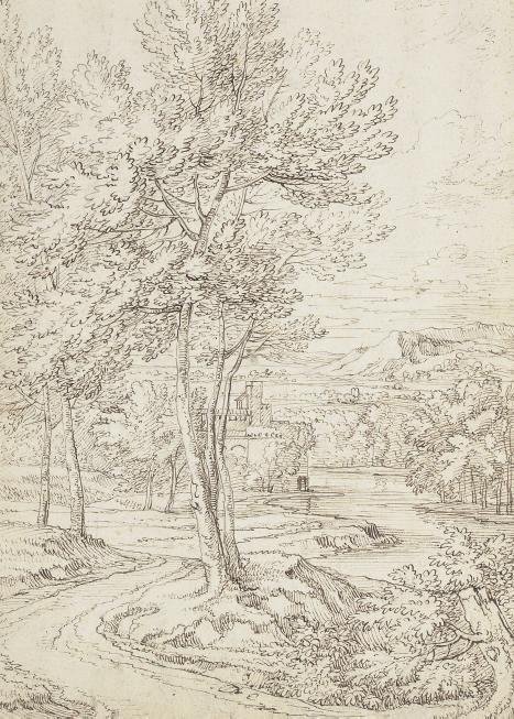 Abraham Genoels - A landscape by a river with buildings in the distance