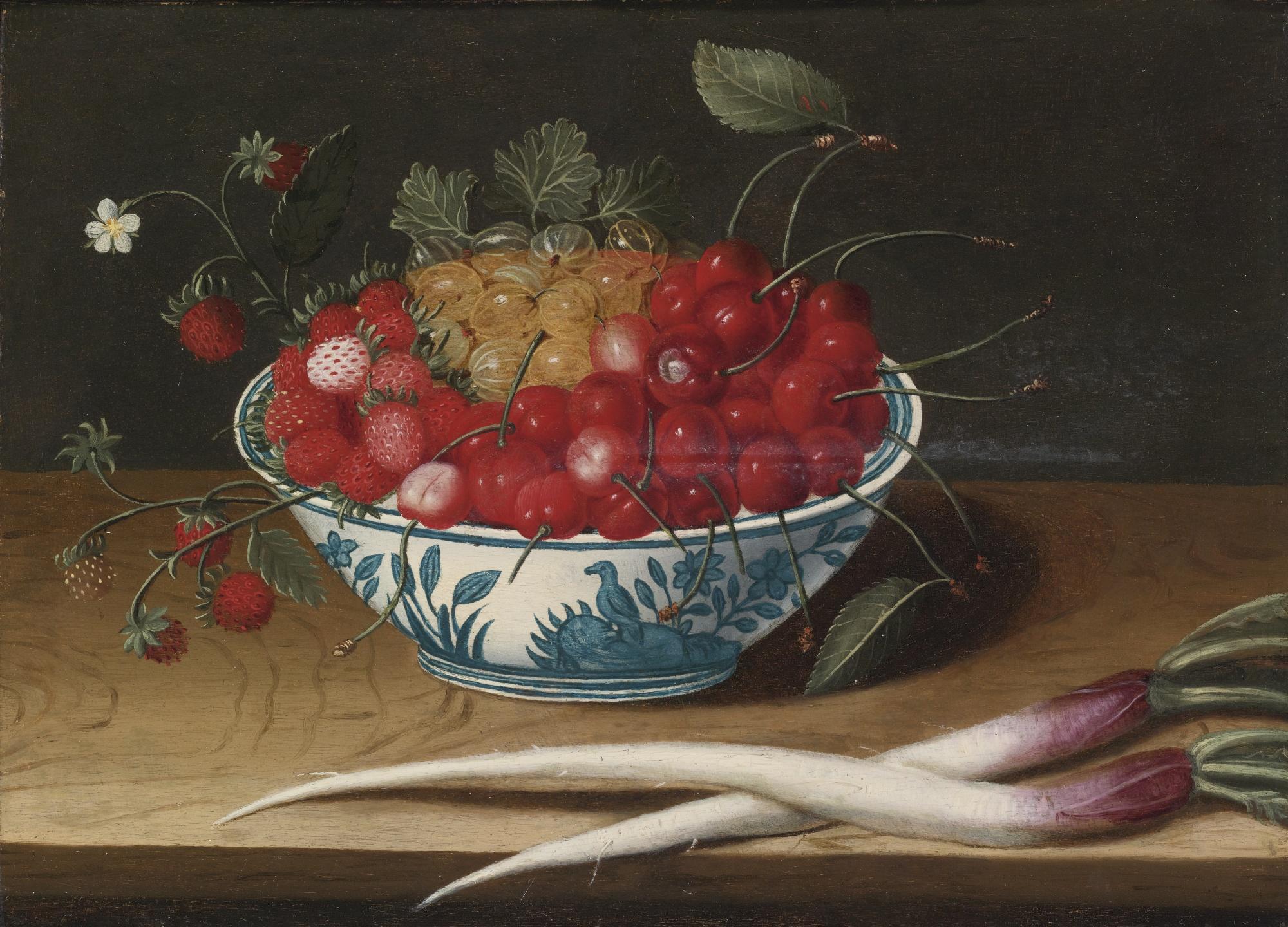 Abraham Gibbens - Still Life With Strawberries, Cherries And Gooseberries In A Blue And White Porcelain Bowl With Two Salsify Roots, All Resting On A Wood Table