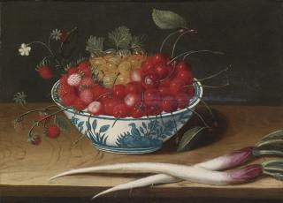 Abraham Gibbens - Still Life With Strawberries, Cherries And Gooseberries In A Blue And White Porcelain Bowl With Two Salsify Roots, All Resting On A Wood Table