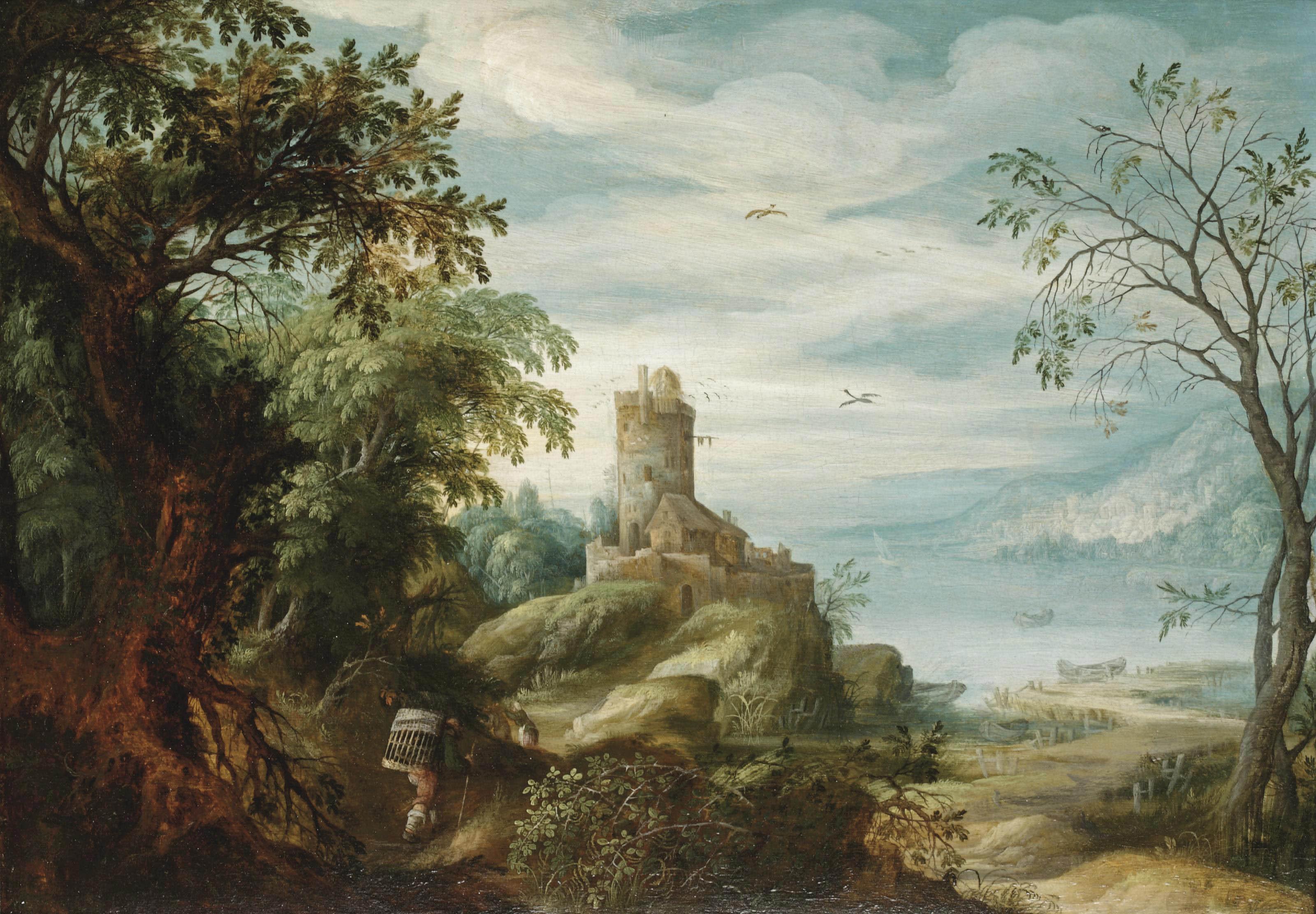 Abraham Govaerts - A mountainous river landscape with faggot gatherers at the edge of a forest
