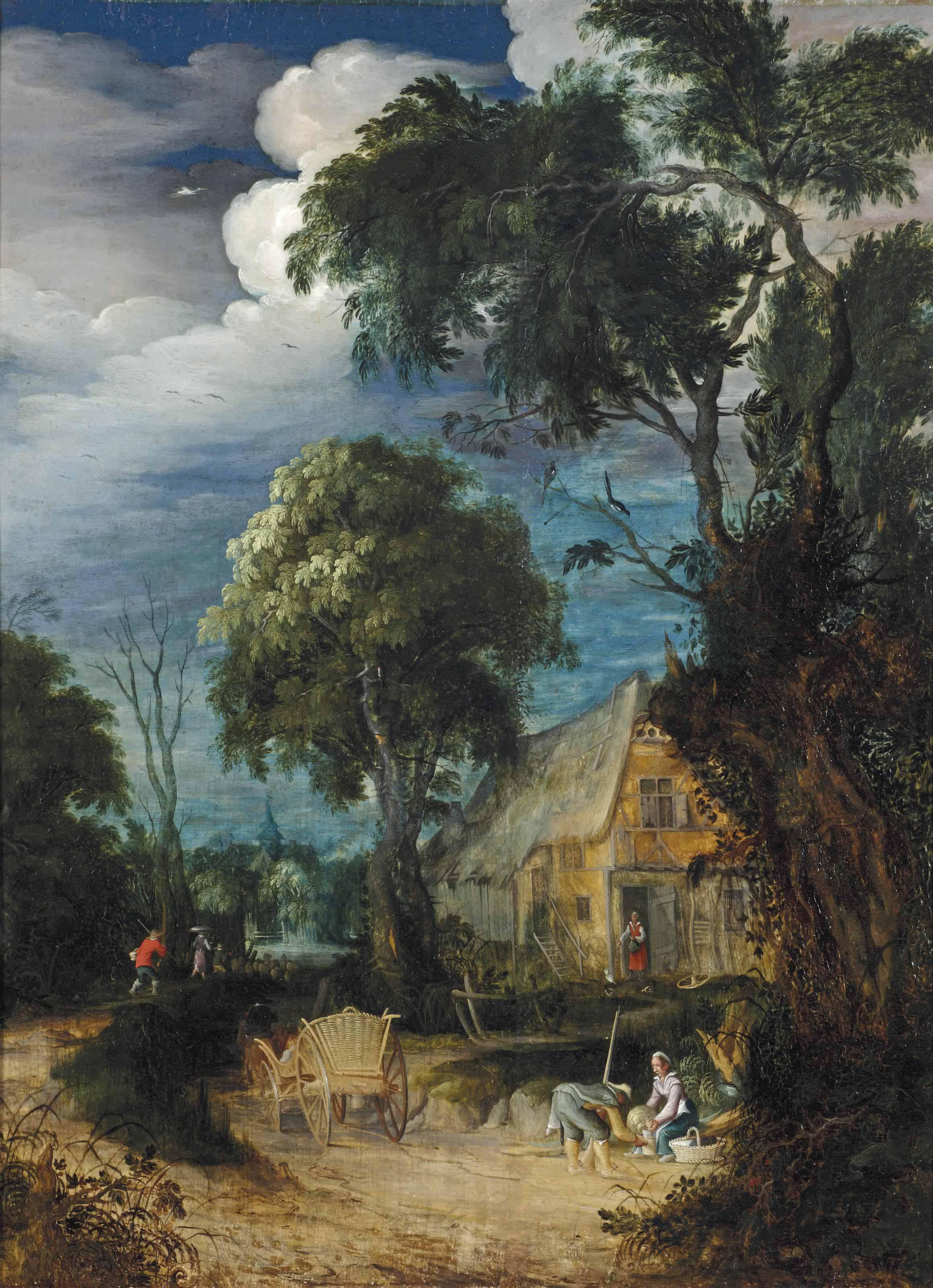 Abraham Govaerts - A Wooded Landscape With Figures Resting By A Cottage, A Horsedrawn Cart And Herdsmen Nearby