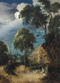 Abraham Govaerts - A Wooded Landscape With Figures Resting By A Cottage, A Horsedrawn Cart And Herdsmen Nearby