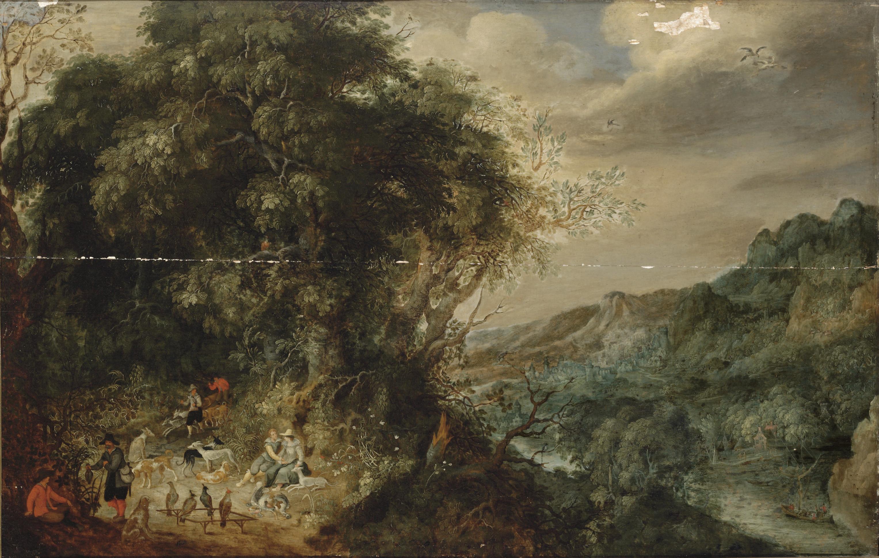 Abraham Govaerts - An extensive forest landscape with a hunting party at rest, a town in a mountain valley beyond