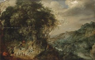 Abraham Govaerts - An extensive forest landscape with a hunting party at rest, a town in a mountain valley beyond