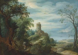 Abraham Govaerts - An extensive mountainous landscape with a turret on a hill, faggot gatherers at the edge of a forest and a lake in the distance