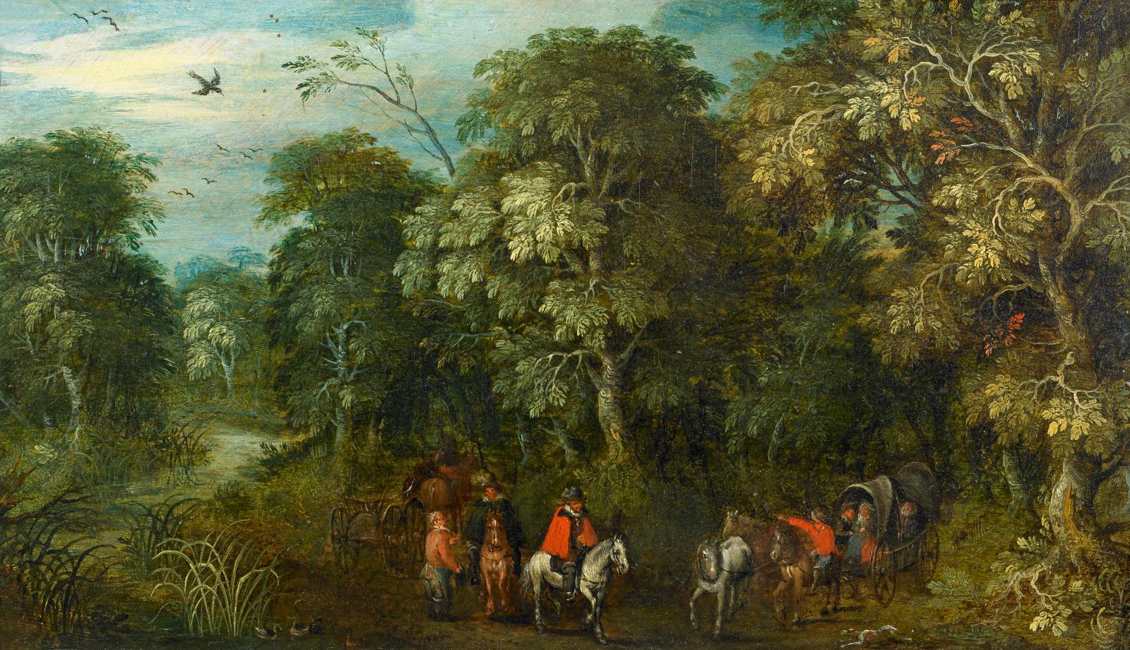 Abraham Govaerts - Waldlandschaft mit Reisenden. Elegantes Paar zu Pferd begegnet Kutsche und Fuhrwerk am Waldsaum.