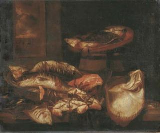 Abraham Hendricksz. Van Beyeren - A ray, a salmon steak, crabs and other fish in a basket on a wooden ledge before a window