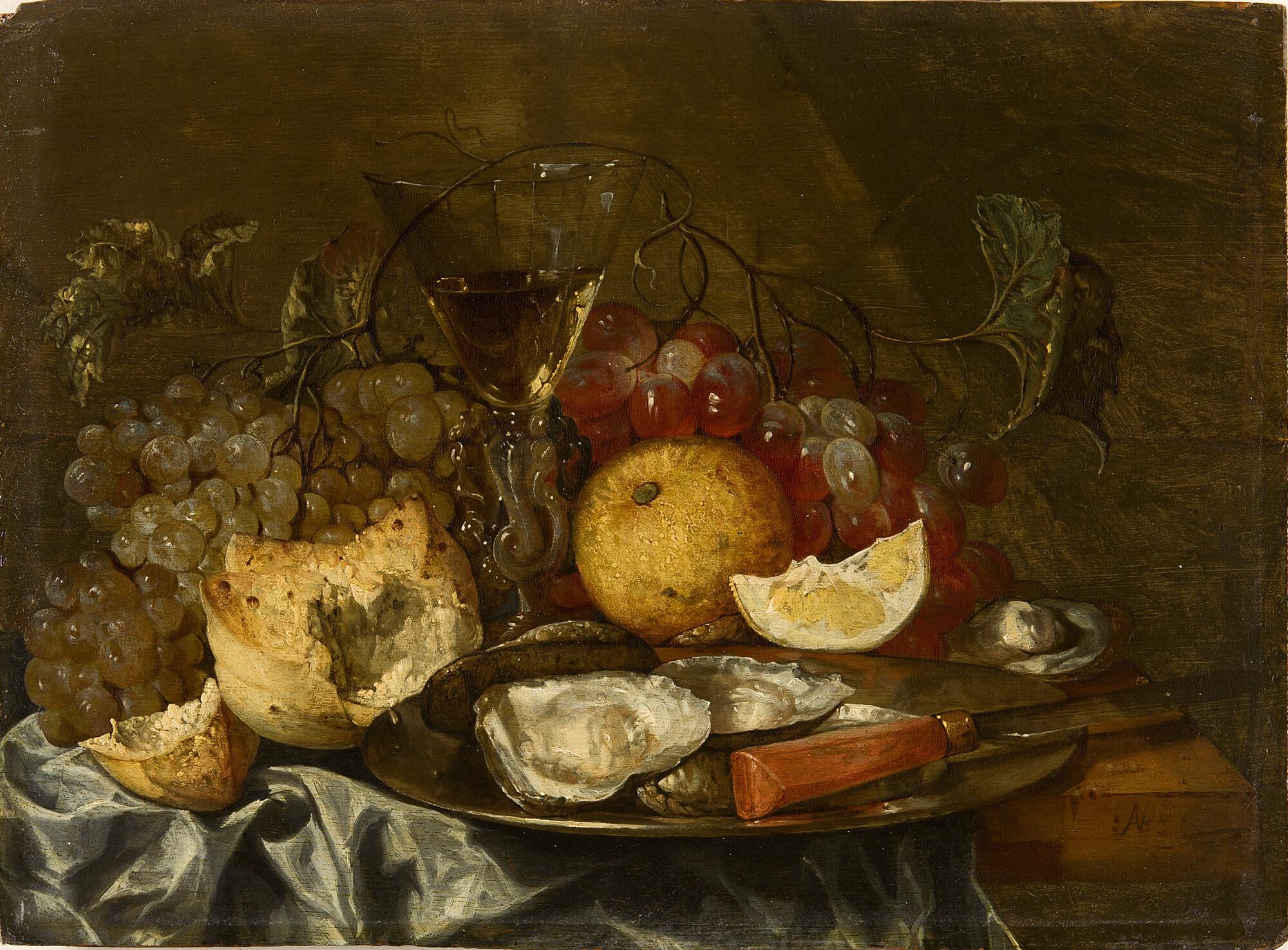 Abraham Hendricksz van Beyeren - Frühstücksstillleben mit Weintrauben und Austern.