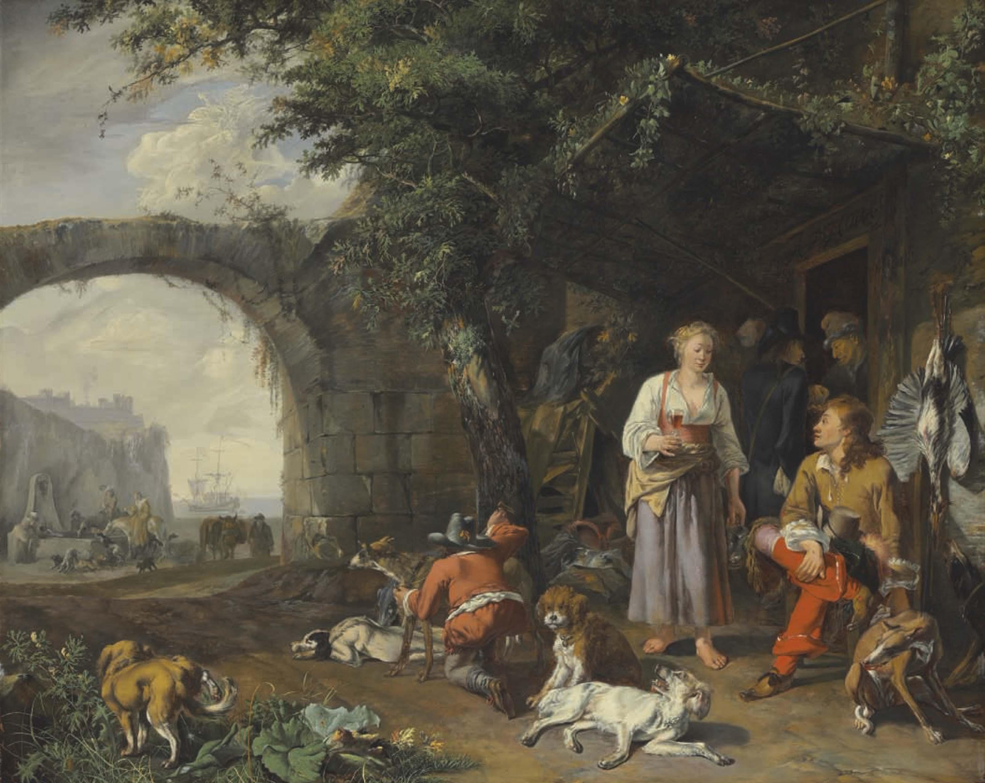 Abraham Hondius - A sportsman offered refreshment outside an inn while his dogs rest after a hunt