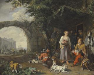 Abraham Hondius - A sportsman offered refreshment outside an inn while his dogs rest after a hunt
