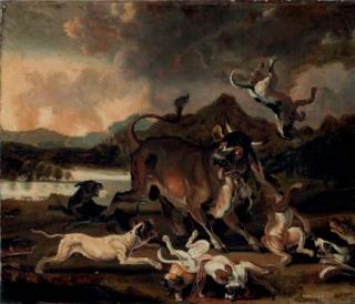 Abraham Hondius - Hounds attacking a bull in a river landscape