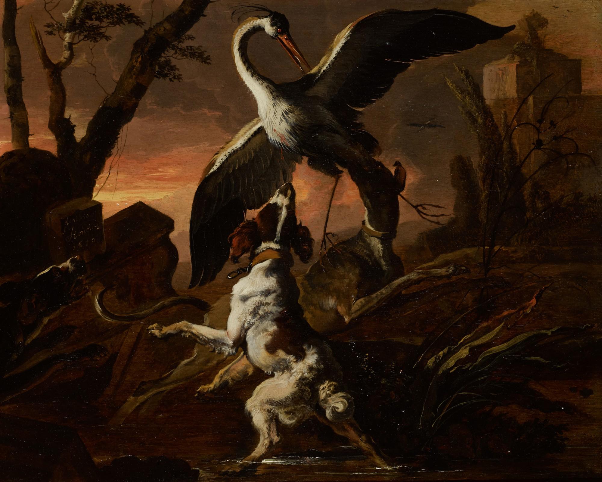 Abraham Hondius - Three Dogs Attacking A Crane In A Landscape