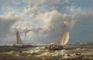 Abraham Hulk - A coastal landscape with Dutch fishing vessels in a choppy sea