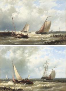 Abraham Hulk - Dutch fishing boats in a harbour entrance; and Off the Scheldt