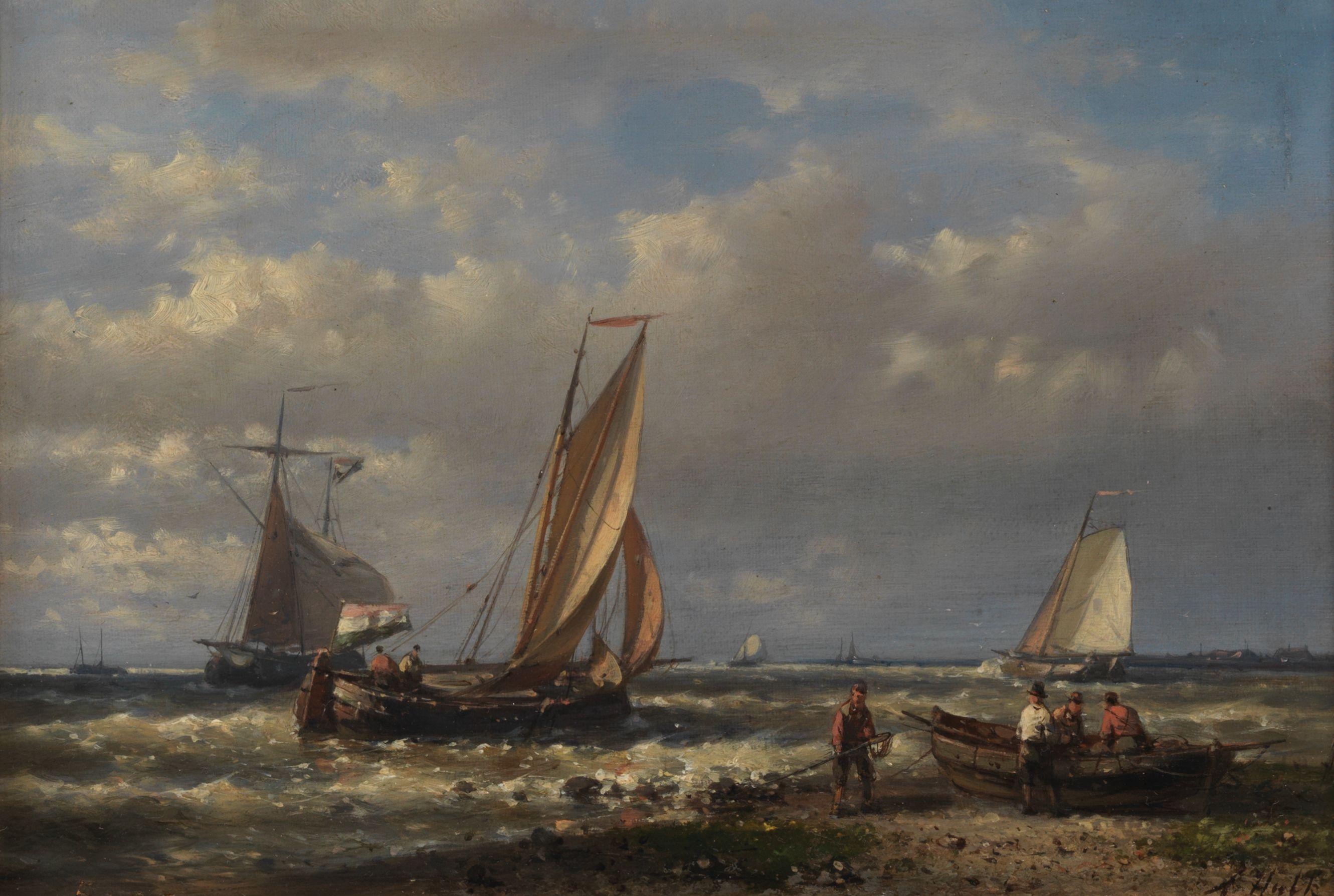 Abraham Hulk - Dutch fishing boats offshore; Fishing boats at anchor, a pair each 20.3 x 30.5cm (8 x 12in). (2)