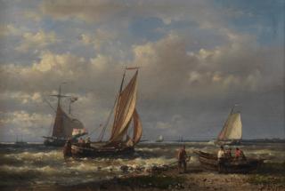 Abraham Hulk - Dutch fishing boats offshore; Fishing boats at anchor, a pair each 20.3 x 30.5cm (8 x 12in). (2)