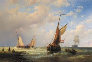 Abraham Hulk - Dutch fishingboats setting out to sea with fishermen on the shore