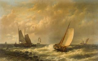 Abraham Hulk - Küstenszene mit Fischerbooten bei stürmischer See.