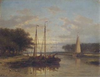 Abraham Hulk - Sailing Vessels On A Calm River At Dusk