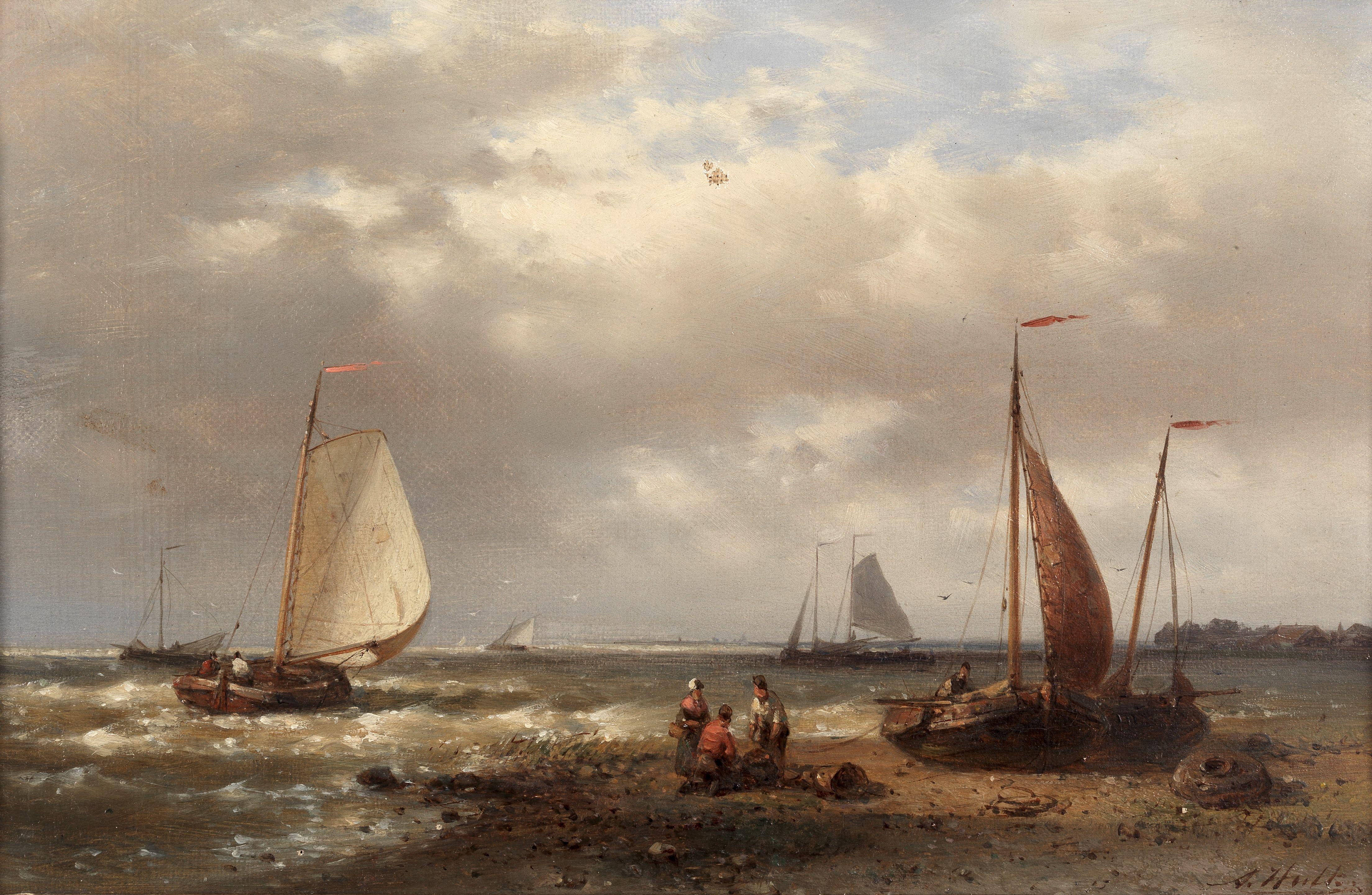 Abraham Hulk - Sorting the catch; Boats in an estuary, a pair each 20.3 x 30.5cm (8 x 12in). (2)