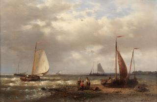 Abraham Hulk - Sorting the catch; Boats in an estuary, a pair each 20.3 x 30.5cm (8 x 12in). (2)