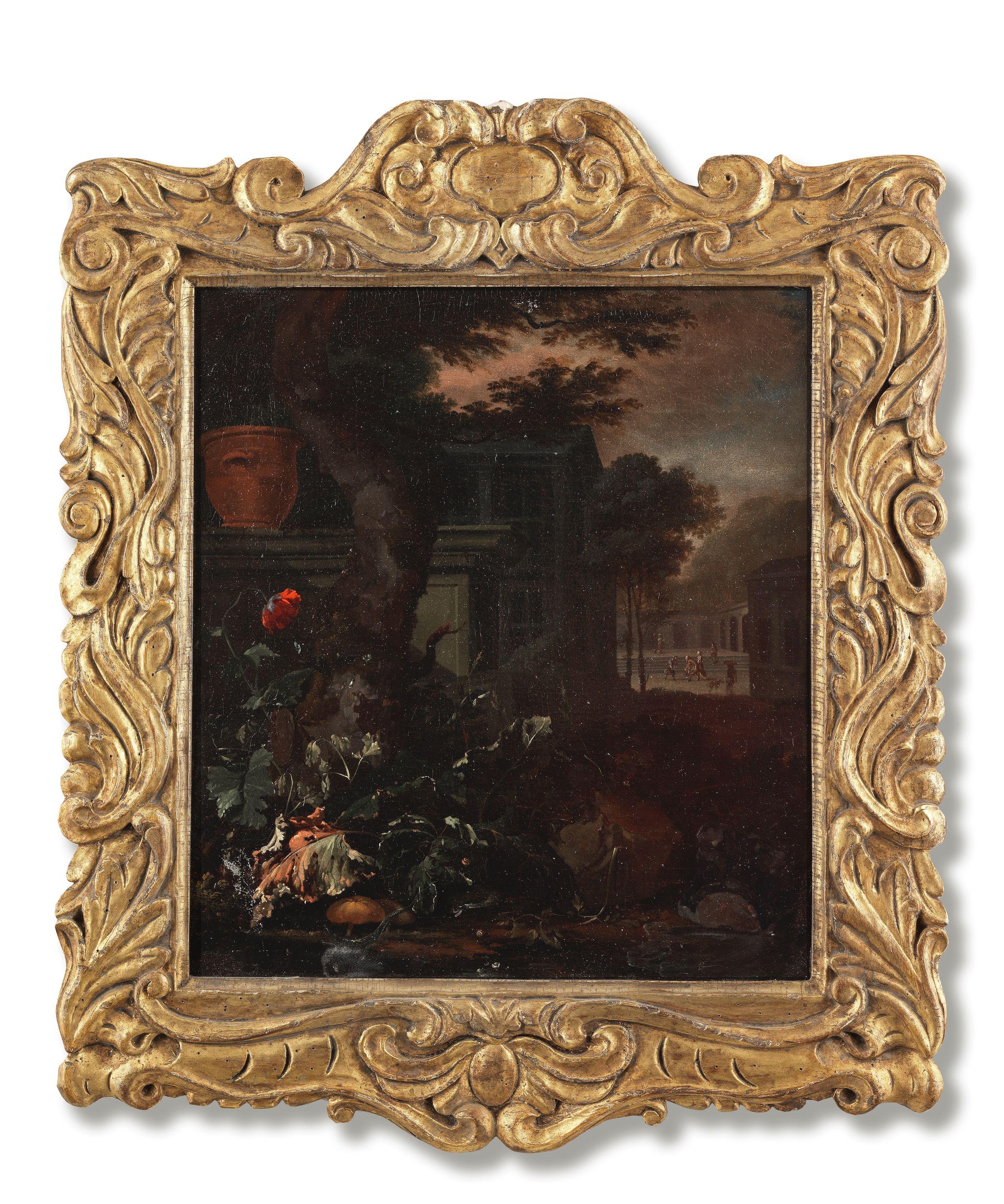 Abraham Jansz. Begeyn - A forest floor still life with elegant figures outside a classical mansion