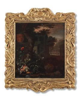 Abraham Jansz. Begeyn - A forest floor still life with elegant figures outside a classical mansion