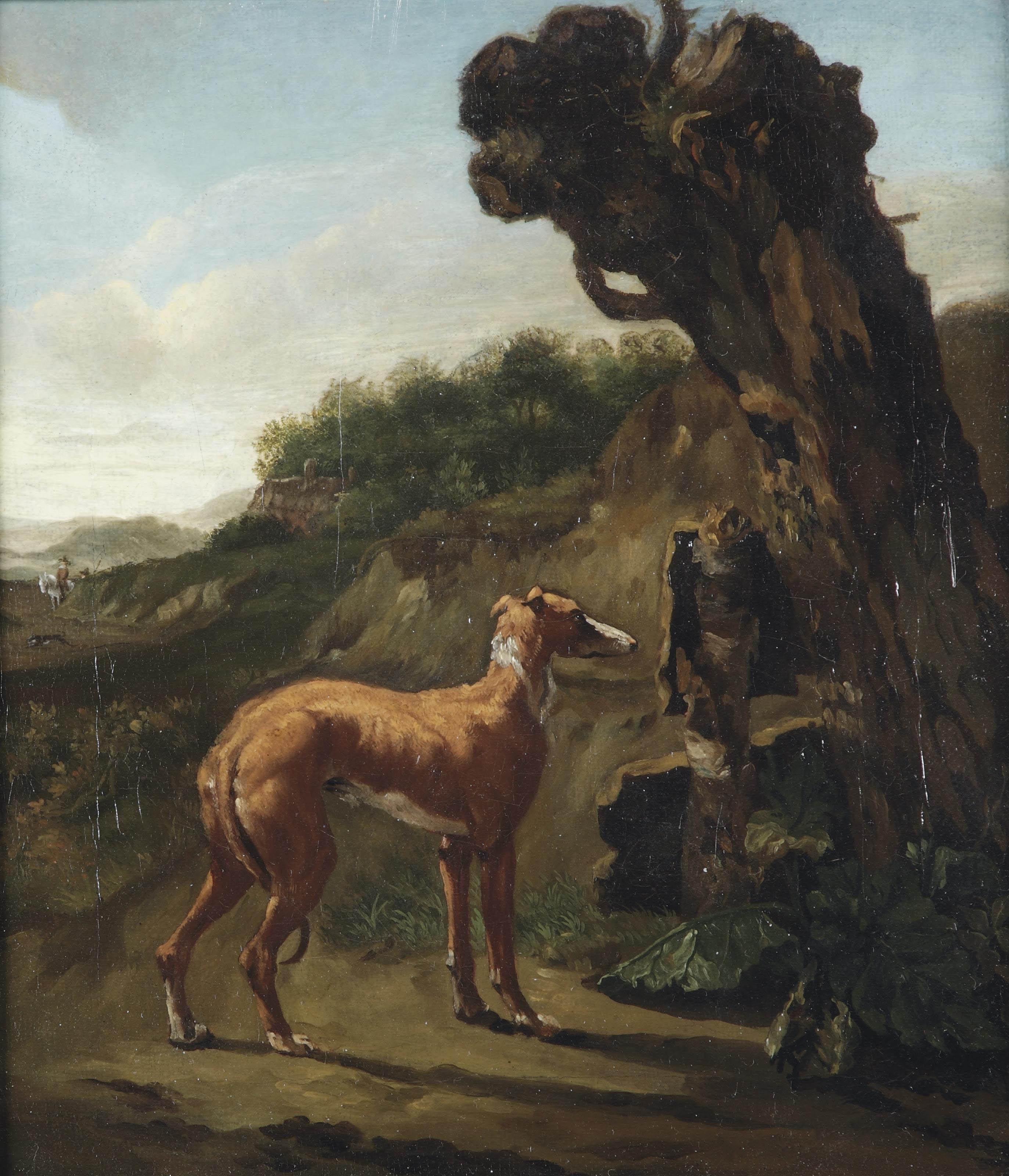 Abraham Jansz. Begeyn - A greyhound by a willow in a landscape