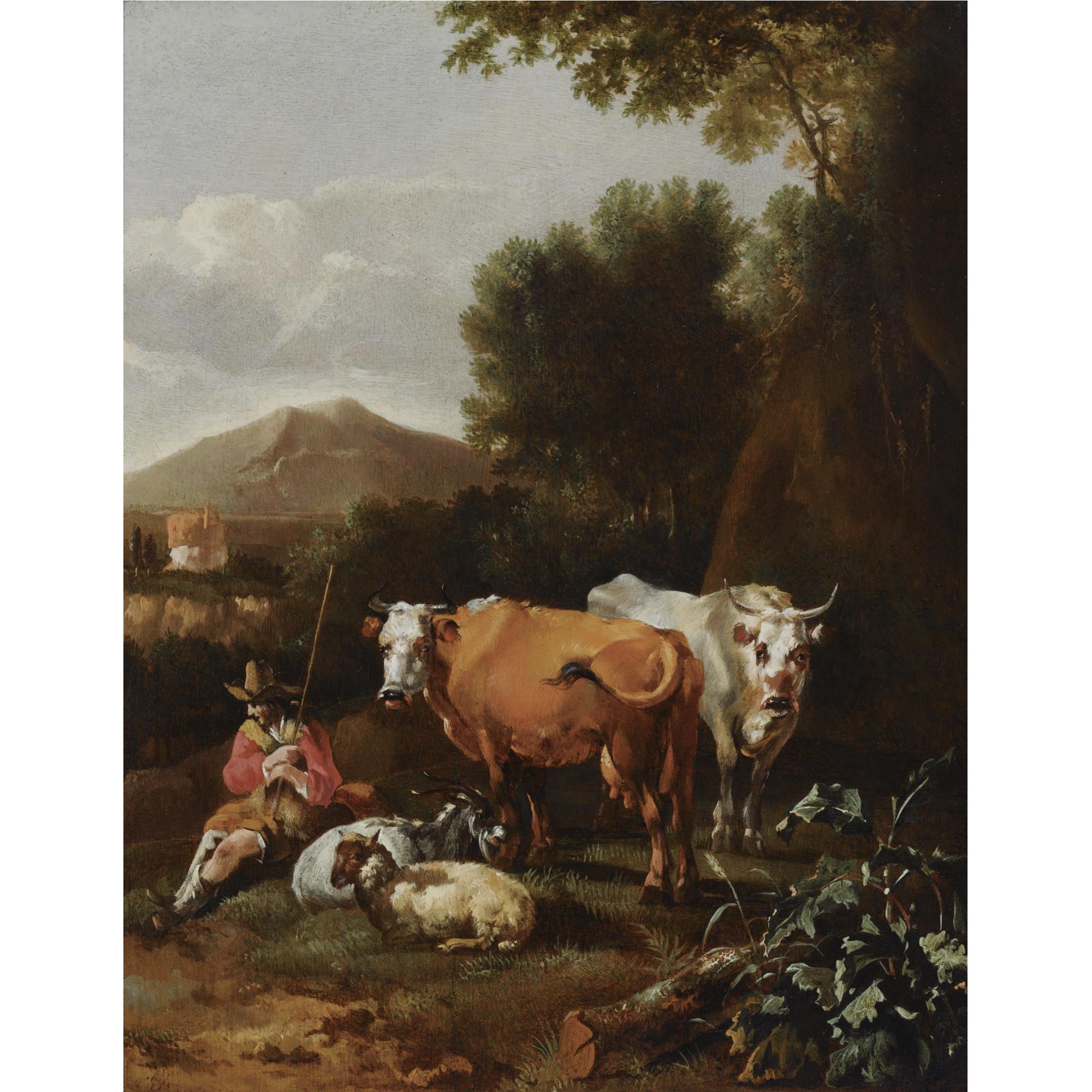 Abraham Jansz. Begeyn - An Italianate Landscape With A Herdsman And His Cattle Resting Near A Tree